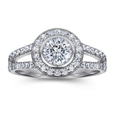 Round Zircon Soleste Halo Modern Split Shank Silver Ring